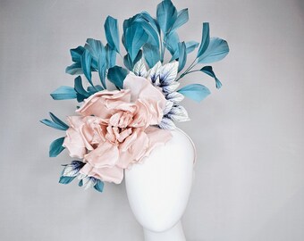 kentucky derby fascinator hat blush light pink satin flower with teal blue branching feathers
