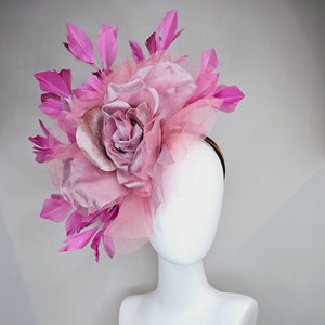 kentucky derby hat fascinator pink mauve lavender large organza velvet rose flower with violet pink feathers