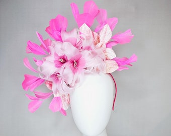 kentucky derby hat fascinator baby pink feather flower with blush pink leaves and pink feathers, thin headband