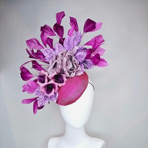 kentucky derby hat fascinator pink sinamay with lavender purple pink satin flowers and lavender lilac velvet leaves with purple feathers