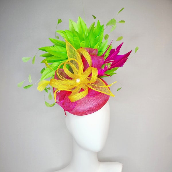 kentucky derby hat fascinator hot pin fuchsia sinamay with lime green feathers and bright yellowsinamay bow flower