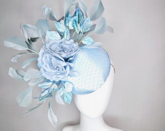 kentucky derby hat fascinator baby blue satin with netting light blue satin rose flowers blue ombre velvet leaves light teal blue feathers
