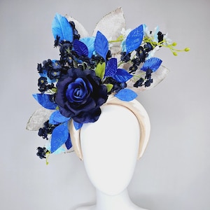 kentucky derby hat fascinator champagne satin headband,navy blue satin rose flower,navy blue sky flowers,royal cobalt blue green gold leaves