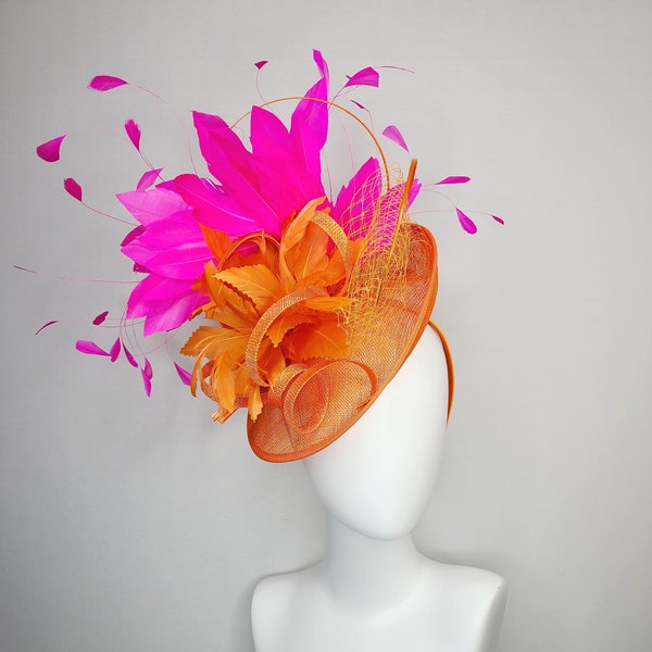 kentucky derby hat fascinator orange sinamay with netting sinamay curls and feather flower with fuchsia hot pink feathers on headband