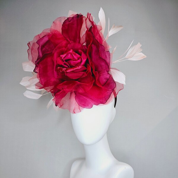 kentucky derby hat fascinator large red scarlet romantic maroon wine organza velvet rose flower and neutral ivory feathers