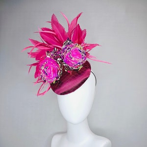 kentucky derby hat fascinator wine pink sinamay with gold stem pink iridescent flowers and pink feathers
