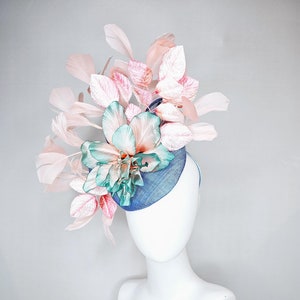 kentucky derby hat fascinator blue sinamay and ombre teal blue green satin silk flower, light pink branching feathers,pink velvet leaves