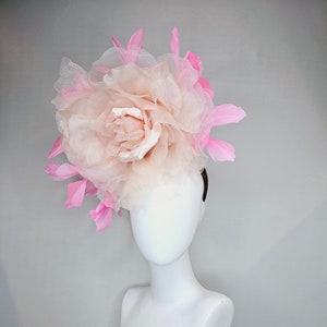 kentucky derby hat fascinator large blush light pink  organza velvet rose flower and bright pink feathers