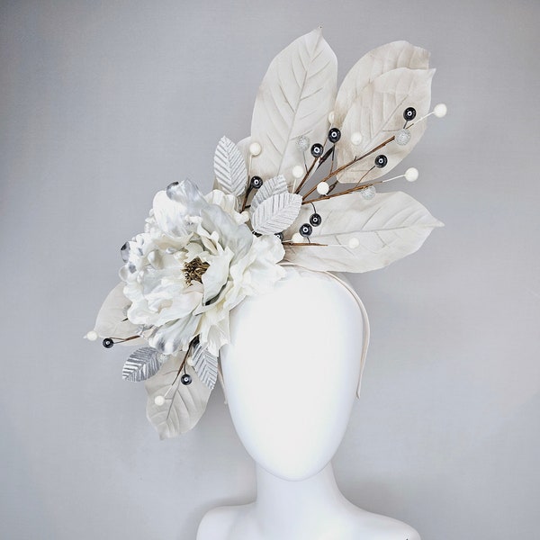 kentucky derby hat fascinator cream silver ivory leaves with metallic silver light peony flower white gray pearls and silver leaves