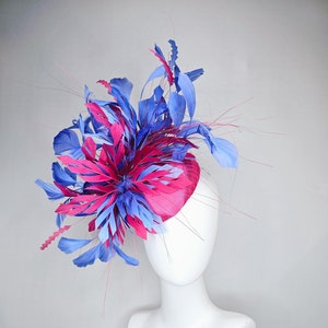 kentucky derby hat fascinator bright pink satin with netting with hot pink and cobalt blue branching feathers