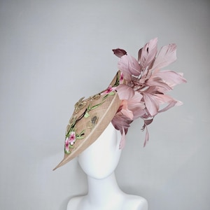 kentucky derby hat fascinator taupe beige neutral saucer sinamay,butterfly floral embroidered decor with dusty pink branching feathers