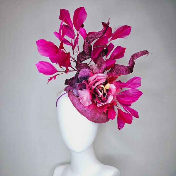 kentucky derby hat fascinator magenta fuchsia purple distressed flower with fuchsia bright pink feathers purple sinamay with curls