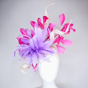 kentucky derby hat fascinator ivory white sinamay with large curls,lavender purple feather flower and bright pink branching feathers