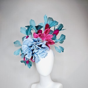 kentucky derby hat fascinator baby blue satin silk flower with fuchsia pink satin leaves and teal blue branching feathers, thin headband