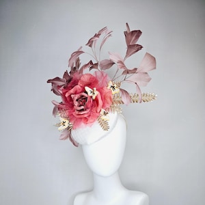 kentucky derby hat fascinator white satin base with,dusty rose gold mauve pink rose,gold leaves,dusty blush pink feathers,yellow butterflies