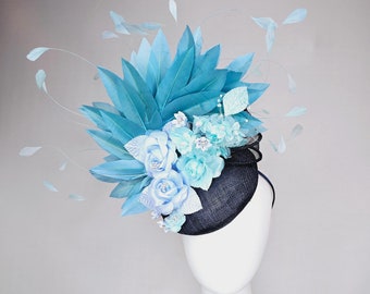 kentucky derby hat fascinator midnight navy blue sinamay teal blue branching feathers light baby blue and light sky blue satin flowers