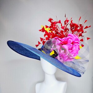 kentucky derby hat large wide brim sinamay royal blue hat with red and yellow feathers, bright pink satin flower w gingham plaid crinoline