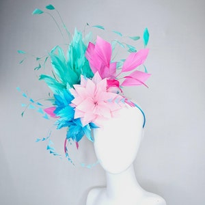 kentucky derby hat fascinator zigzag sky blue and light pink feather flowers with hot pink and turquoise green blue branching feathers