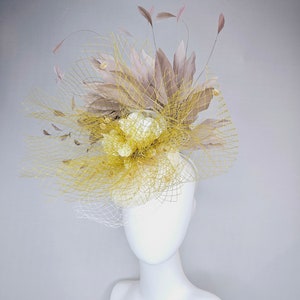 kentucky derby hat fascinator white ivory sinamay with mustard yellow gold netting and ivory rose flower gold taupe feathers