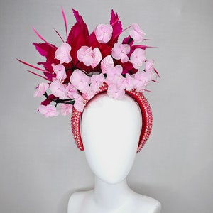 kentucky derby hat fascinator hot pink and red feathers on iridescent crystal coral headband with light pink wire mesh flowers,pink leaves