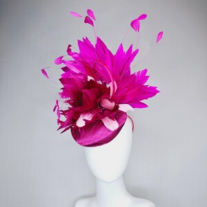 kentucky derby hat fascinator fuchsia hot pink satin with netting, dark and light pink feather flower with fuchsia pink branching feathers