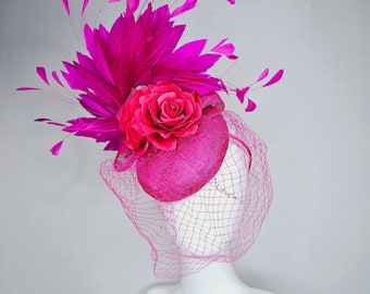 kentucky derby hat fascinator bright pink sinamay with sinamay bow and raspberry pink satin roses fuchsia pink feathers and pink mesh veil