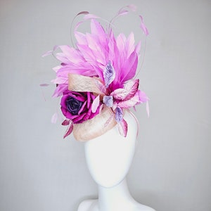 kentucky derby hat fascinator light pink blush beige sinamay with purple rose and pink purple feathers and  purple violet velvet leaves