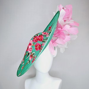 kentucky derby hat fascinator large mint green sinamay saucer with pink red green brown embroidered flowers, blush pink and white feathers