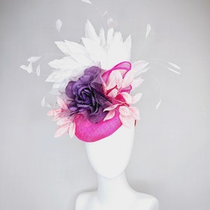 kentucky derby hat fascinator hot pink sinamay with purple organza rose flower blush pink leaves and white feathers