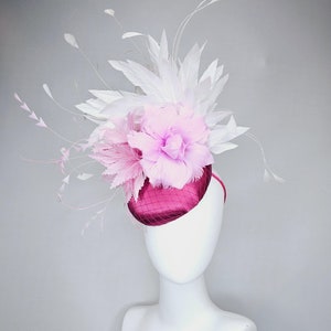 kentucky derby hat fascinator dark pink burgundy satin w/netting,light pink zigzag and lilac purple feather flowers,white branching feathers