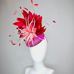 kentucky derby hat fascinator purple magenta sinamay with coral  orange and white feather flowers with bright red feathers