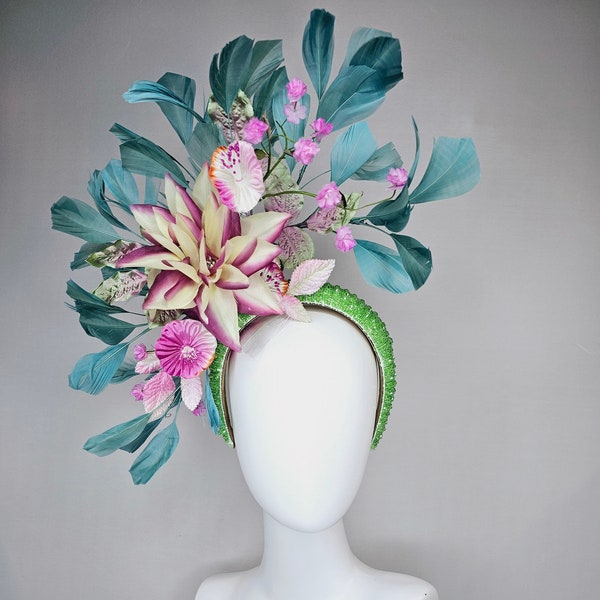 kentucky derby hat fascinator lime green beaded headband with cream purple silk flowers and pink flowers and teal feathers