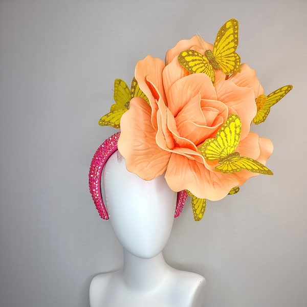 kentucky derby hat fascinator pink swarovski crystal headband with orange coral large rose with yellow glitter butterflies