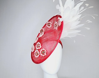 White Saucer Hat with Red Feather Floral Detail M97( Ivory/red) Kentucky Derby Hat, Church Hat, Wedding Hat  main image 3