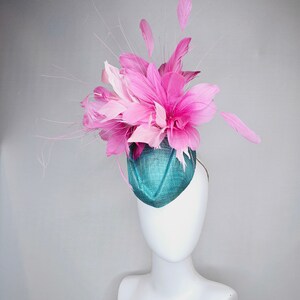 kentucky derby hat fascinator turquoise blue sinamay with fluffy baby pink feather flowers