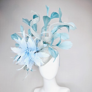 kentucky derby hat fascinator light blue sinamay with light blue zigzag feather flower,light blue sinamay curls,teal blue branching feathers