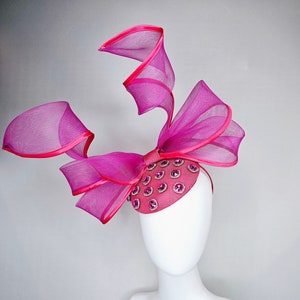 kentucky derby hat fascinator bright pink fabric base with mesh and wired ribbon large bendable bow decor with pink crystal jewels