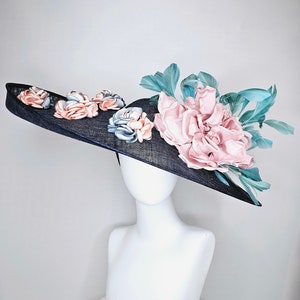 kentucky derby hat large wide brim sinamay midnight navy blue hat,teal blue feathers,pink satin flower,with silver peach embroidered flowers