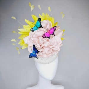 kentucky derby hat fascinator white sinamay blush large satin flower yellow feathers and rainbow pink blue green butterflies image 1