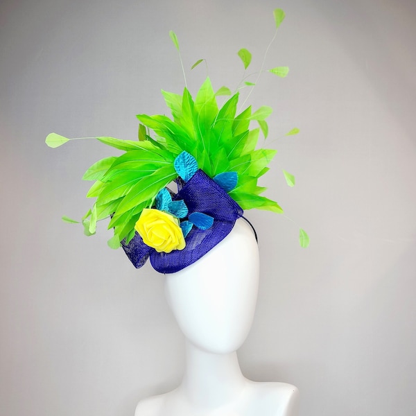 kentucky derby hat fascinator royal blue sinamay with bow and curls with yellow rose and turquoise leaves  lime green feathers