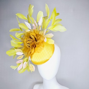 kentucky derby hat fascinator yellow satin with netting, mustard yellow organza flower, light pink yellow leaves, yellow branching feathers