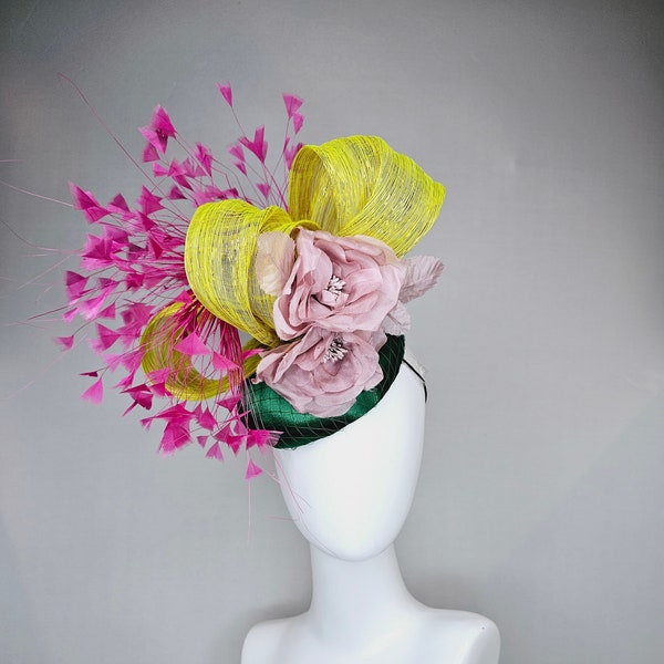 kentucky derby hat fascinator emerald green satin bright pink feathers blush pink lavender taupe silk flowers yellow gold metallic silk