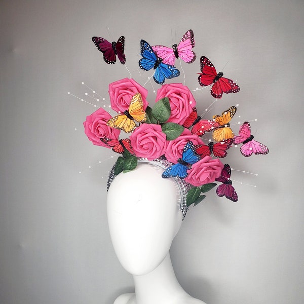 kentucky derby hat fascinator silver swarovski crystal headband with rainbow pink yellow green red butterflies and pink roses white pearls