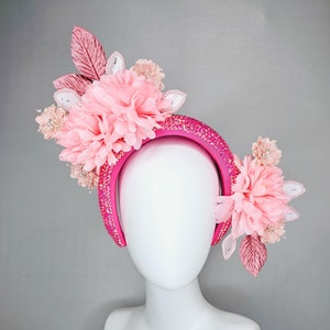 kentucky derby hat fascinator iridescent pink crystal headband,light blush pink satin silk flowers,dusty pink and pearl light pink leaves