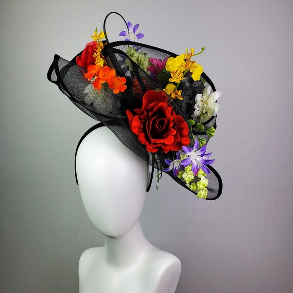 colorful kentucky derby hat fascinator black crinoline satin with pink red orange white yellow blue purple flowers and green leaf trim decor