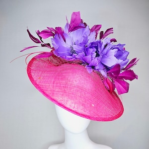 kentucky derby hat fascinator hot pink sinamay saucer with matching pink netting n sequin,lavender purple feather flowers,purple feathers
