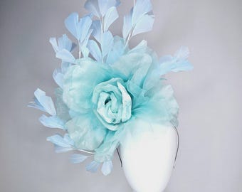 kentucky derby fascinator black headband with very large light blue organza silk flower and baby blue branching feathers