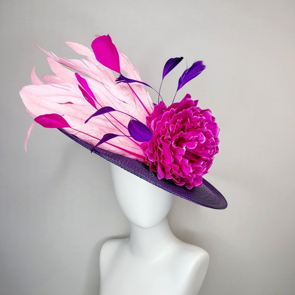 kentucky derby hat purple boater wide brim hat with fuchsia flower with jewel with pink purple fuchsia magenta feathers