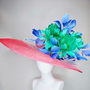 kentucky derby hat large wide brim sinamay coral hat w emerald green feather flowers, royal blue feathers and white ivory crinoline