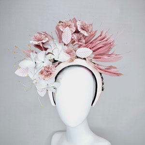 kentucky derby hat fascinator crystal rhinestone jewel beaded headband with blush pink feathers,white wire mesh flowers, light pink feathers